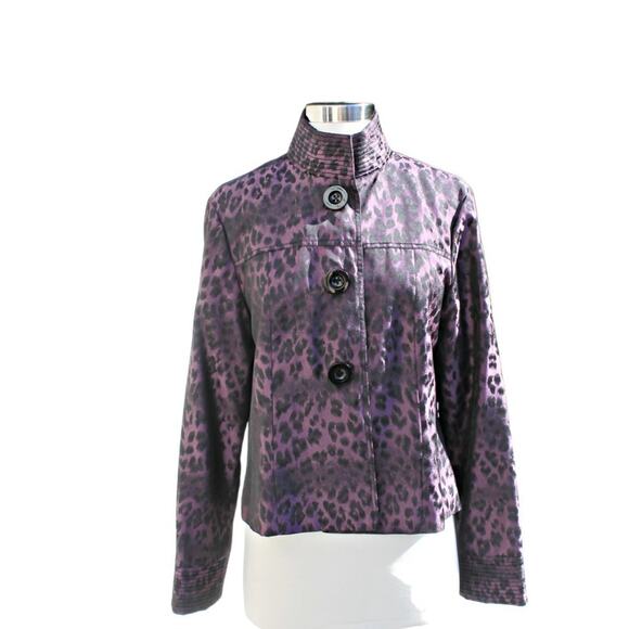 600 West Women's Purple & Black Animal Leopard Print Jacket Button Up Size 8 - Picture 2 of 14